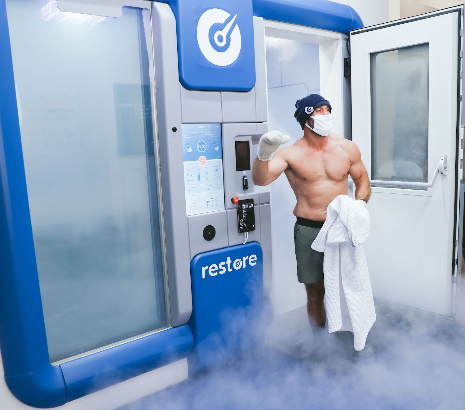 A Restore customer receives full-body cryotherapy.